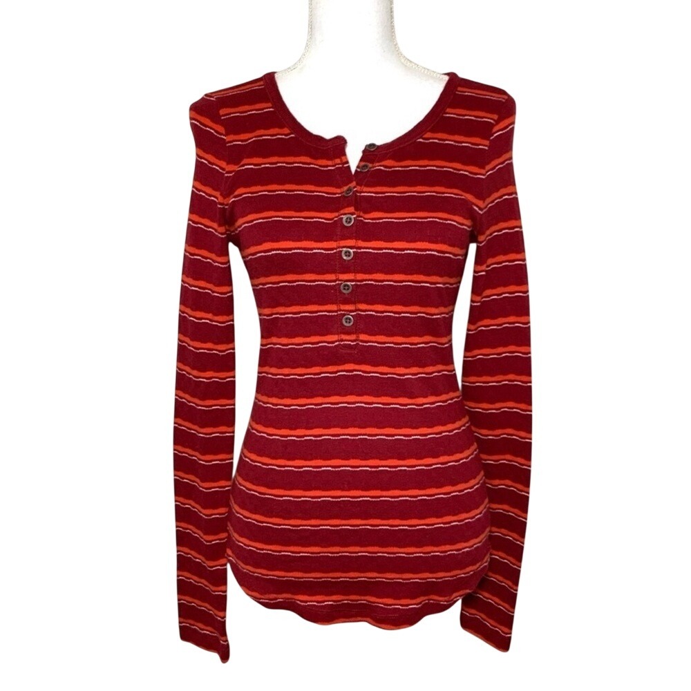 Lucky Brand Red Fitted Stripe Henley 3/4 Button Down Shirt Women's Medium